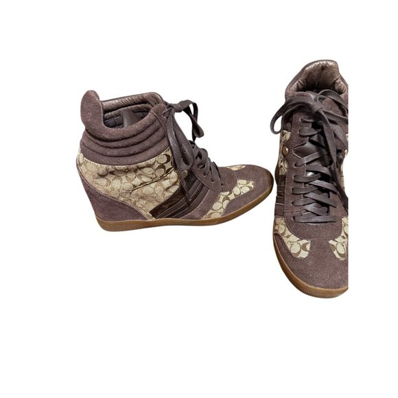 Coach Alara Brown Signature Suede Wedge Sneakers Size 8M Women’s High Top Shoes - Picture 5 of 16